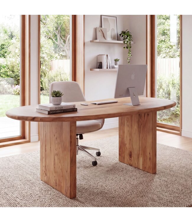Wohnling Bureau 180x90x76 cm Acacia Massief Hout Computertafel Retro - Homeoffice Kantoortafel Massief Nierenvorm in Lichtbruin - Houten Tafel Laptoptafel Werkkamer Handgemaakt