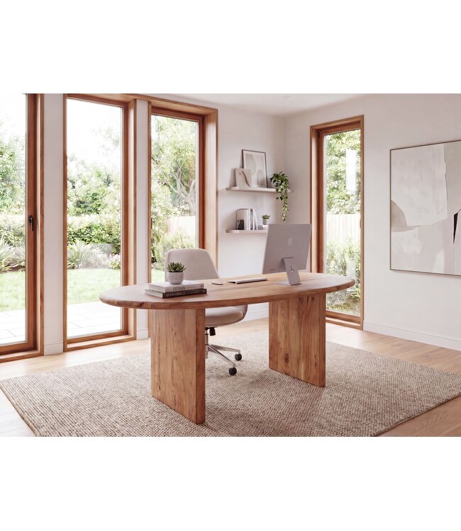 Wohnling Bureau 180x90x76 cm Acacia Massief Hout Computertafel Retro - Homeoffice Kantoortafel Massief Nierenvorm in Lichtbruin - Houten Tafel Laptoptafel Werkkamer Handgemaakt