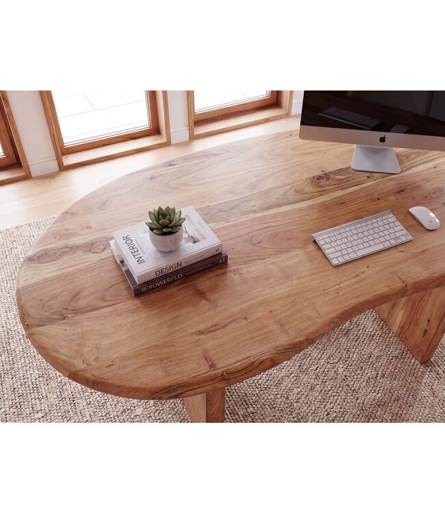 Wohnling Bureau 180x90x76 cm Acacia Massief Hout Computertafel Retro - Homeoffice Kantoortafel Massief Nierenvorm in Lichtbruin - Houten Tafel Laptoptafel Werkkamer Handgemaakt