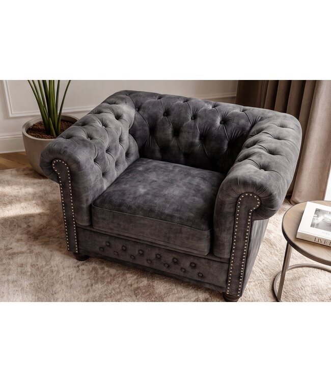 Invicta Interior Fauteuil CHESTERFIELD fluweel antieke uitstraling grijs