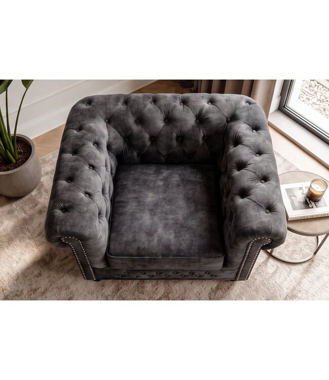 Invicta Interior Fauteuil CHESTERFIELD fluweel antieke uitstraling grijs