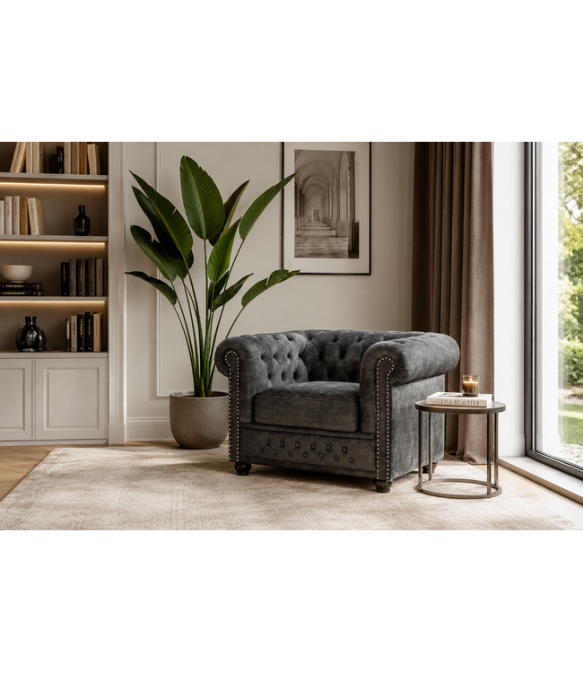 Invicta Interior Chesterfield fauteuil in fluweel antieke look grijs CHESTERFIELD