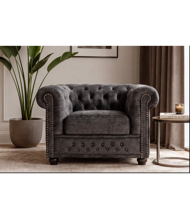 Invicta Interior Chesterfield fauteuil in fluweel antieke look grijs CHESTERFIELD