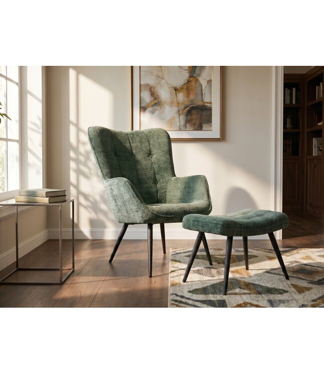 Invicta Interior Fauteuil SCANDINAVIA met armleuningen en zwarte metalen poten groen chenille stof