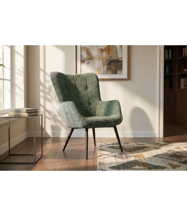 Invicta Interior Fauteuil SCANDINAVIA met armleuningen en zwarte metalen poten groen chenille stof