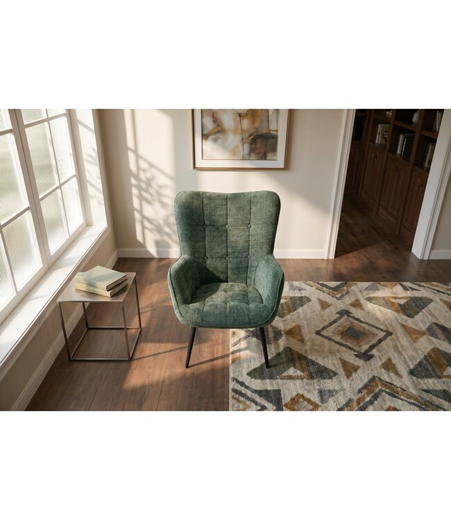 Invicta Interior Fauteuil SCANDINAVIA met armleuningen en zwarte metalen poten groen chenille stof