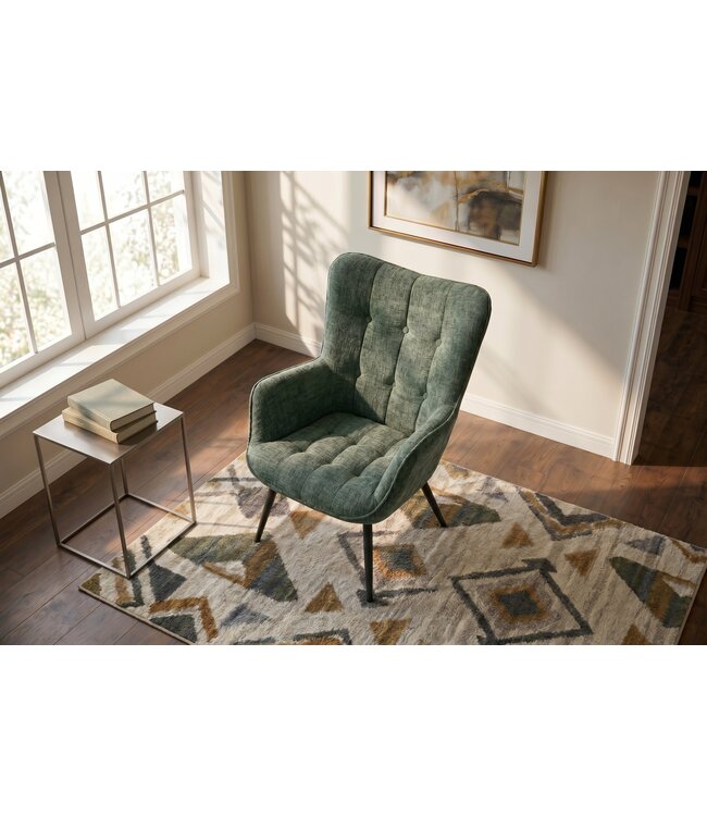 Invicta Interior Fauteuil SCANDINAVIA met armleuningen en zwarte metalen poten groen chenille stof