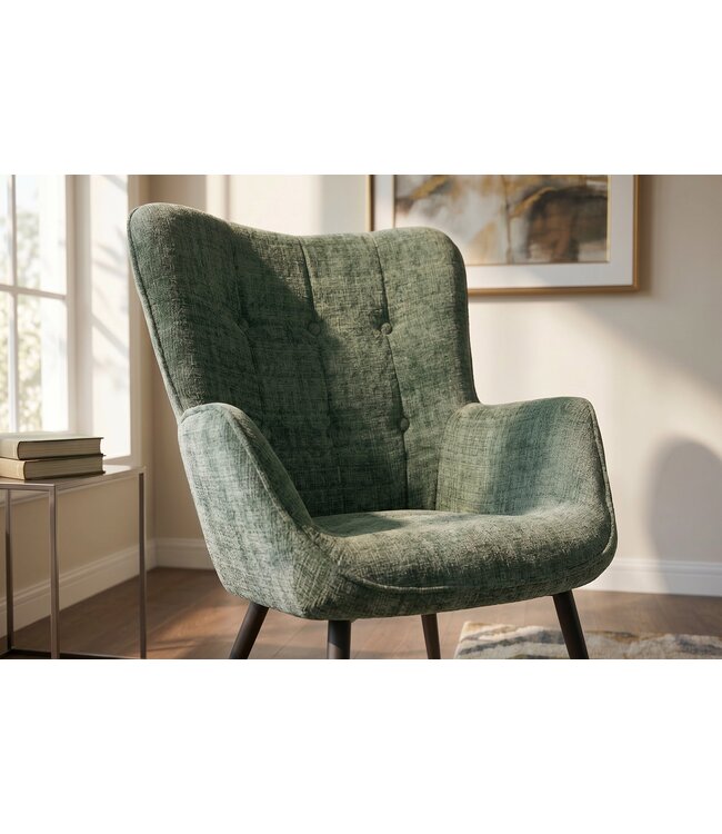 Invicta Interior Fauteuil SCANDINAVIA met armleuningen en zwarte metalen poten groen chenille stof