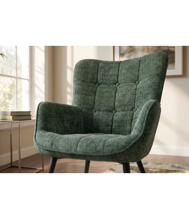Invicta Interior Fauteuil SCANDINAVIA met armleuningen en zwarte metalen poten groen chenille stof