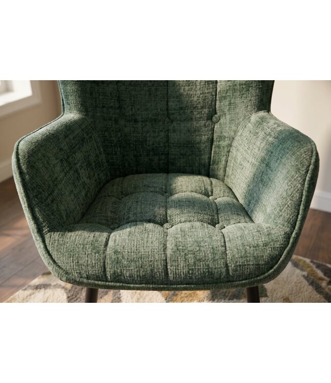 Invicta Interior Fauteuil SCANDINAVIA met armleuningen en zwarte metalen poten groen chenille stof