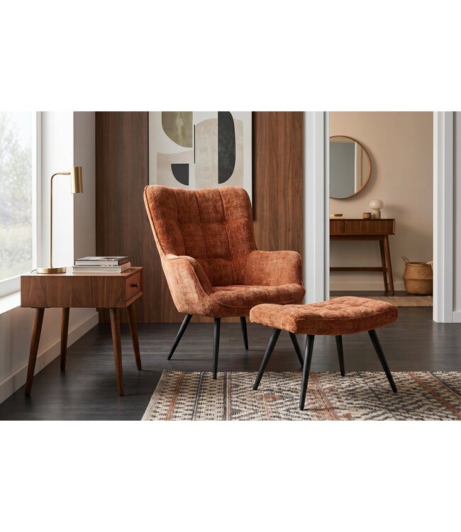 Invicta Interior Fauteuil SCANDINAVIA met armleuningen en zwarte metalen poten chenille stof roestbruin