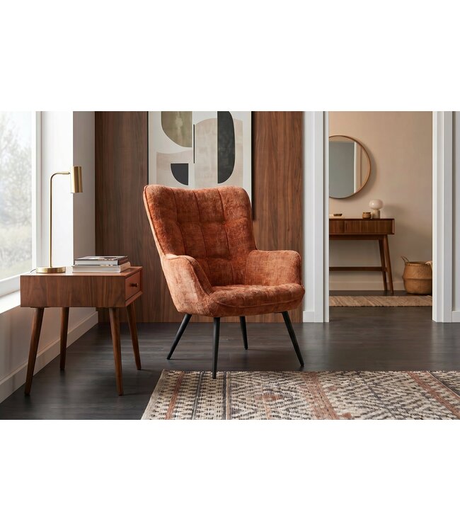 Invicta Interior Fauteuil SCANDINAVIA met armleuningen en zwarte metalen poten chenille stof roestbruin