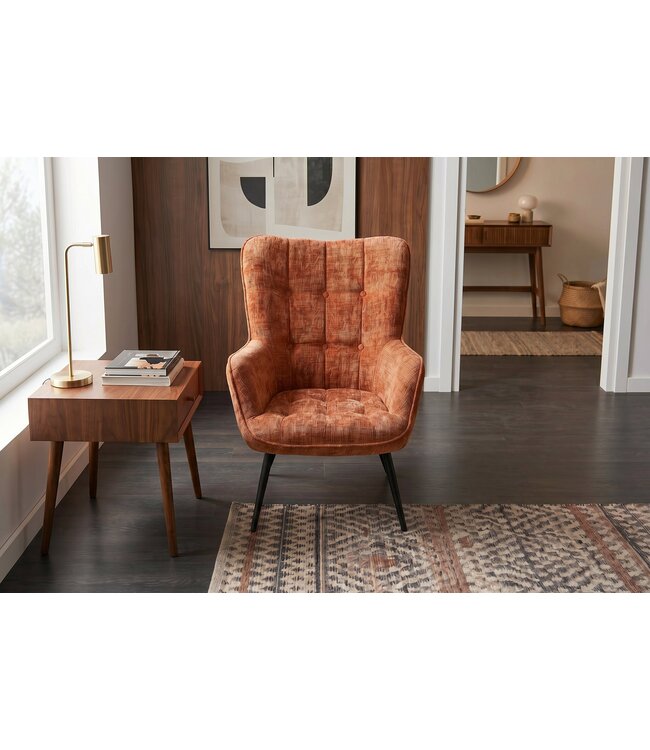 Invicta Interior Fauteuil SCANDINAVIA met armleuningen en zwarte metalen poten chenille stof roestbruin