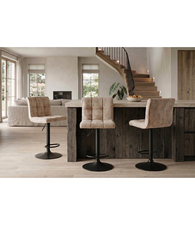 Invicta Interior Barkruk MODENA 92-116cm 360° draaibaar fluweel champagne beige met zwart metalen frame