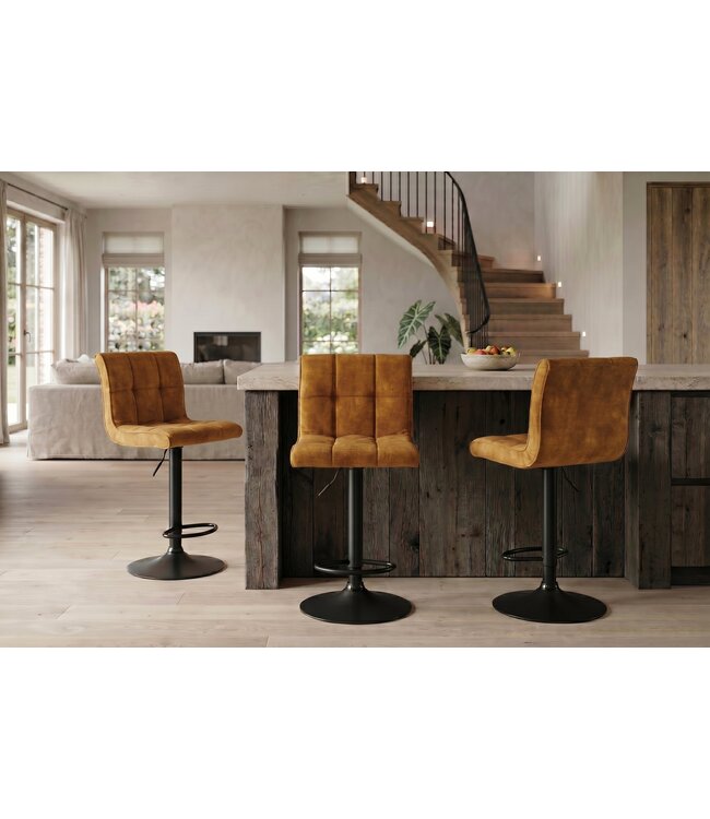 Invicta Interior Barkruk MODENA 92-116cm 360° draaibaar fluweel mosterdgeel met zwart metalen frame