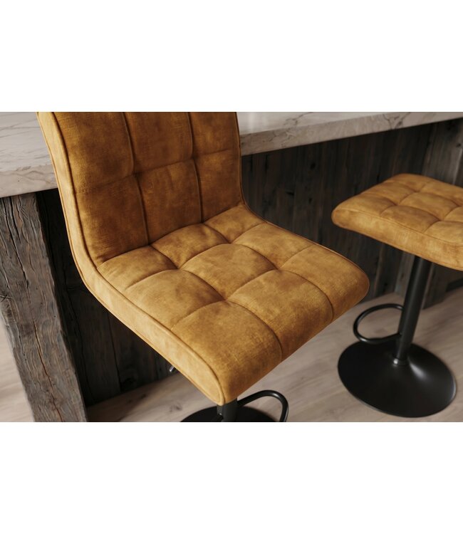 Invicta Interior Barkruk MODENA 92-116cm 360° draaibaar fluweel mosterdgeel met zwart metalen frame