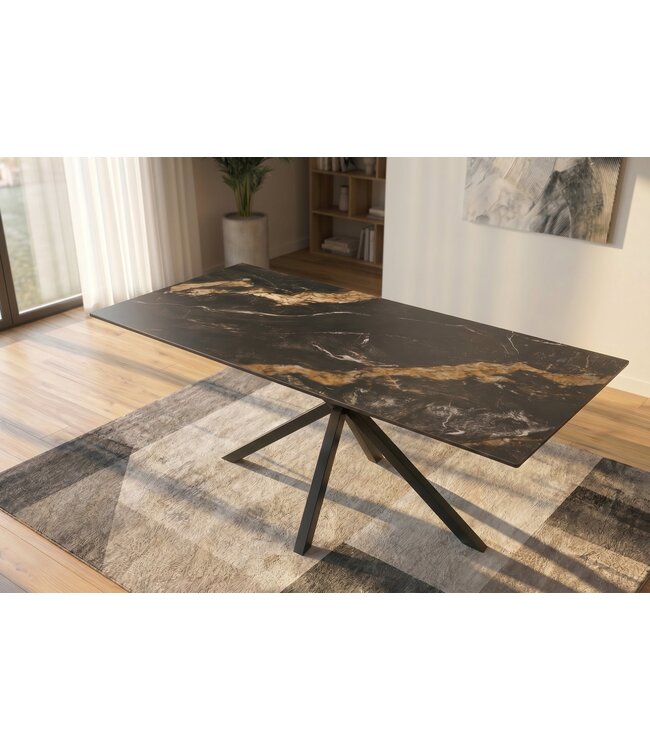 Invicta Interior Dining table GALAXIE 180cm w/ star frame aurora oro ceramic black gold sand