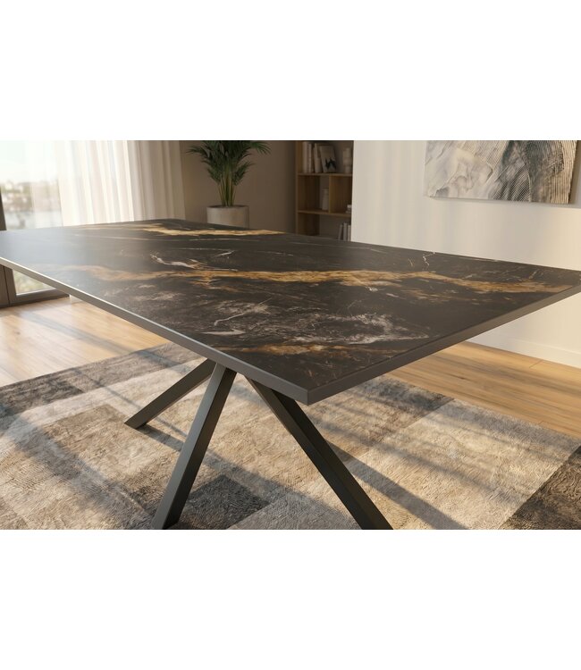 Invicta Interior Eettafel GALAXIE 160cm met sterrenframe aurora oro keramiek zwart goud zand