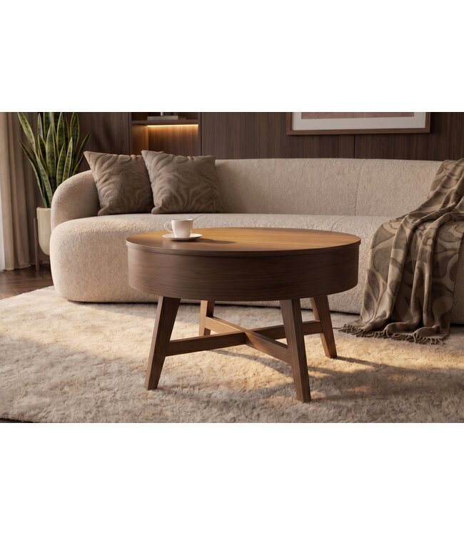 Invicta Interior Salontafel KYOTO 70cm rond met opbergruimte mango hout walnoot fineer