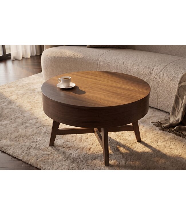 Invicta Interior Salontafel KYOTO 70cm rond met opbergruimte mango hout walnoot fineer