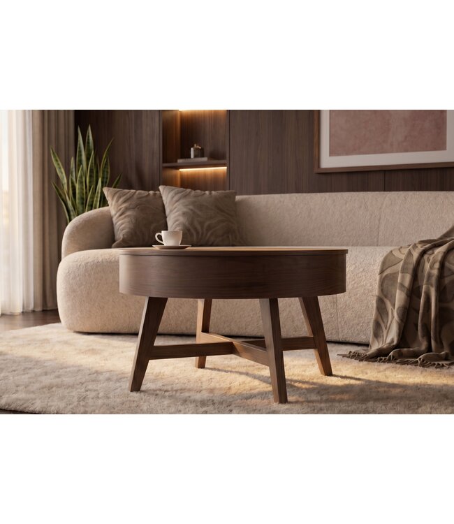Invicta Interior Salontafel KYOTO 70cm rond met opbergruimte mango hout walnoot fineer