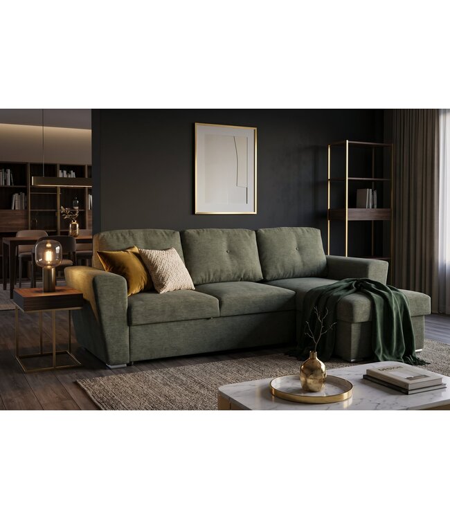 Invicta Interior Slaapbank APARTMENT 245cm 3-zitter met ottoman en opbergruimte geweven stof groen