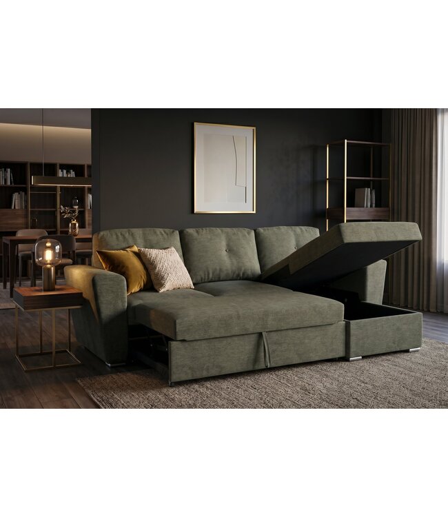 Invicta Interior Slaapbank APARTMENT 245cm 3-zitter met ottoman en opbergruimte geweven stof groen