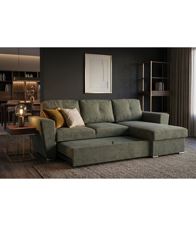 Invicta Interior Slaapbank APARTMENT 245cm 3-zitter met ottoman en opbergruimte geweven stof groen