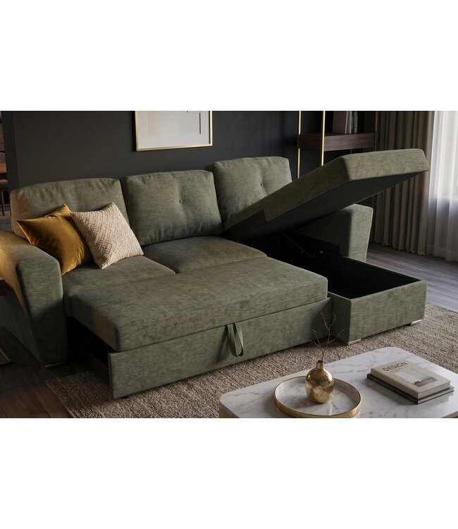 Invicta Interior Slaapbank APARTMENT 245cm 3-zitter met ottoman en opbergruimte geweven stof groen
