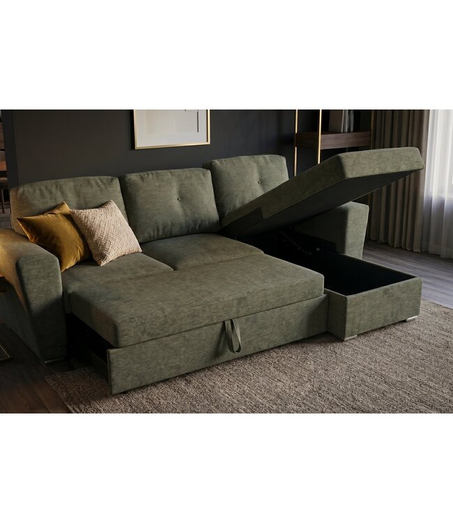 Invicta Interior Slaapbank APARTMENT 245cm 3-zitter met ottoman en opbergruimte geweven stof groen