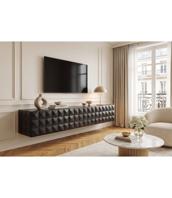 Invicta Interior TV-Board VULCANO 160cm 3D hangend met kabelgat mangohout zwart