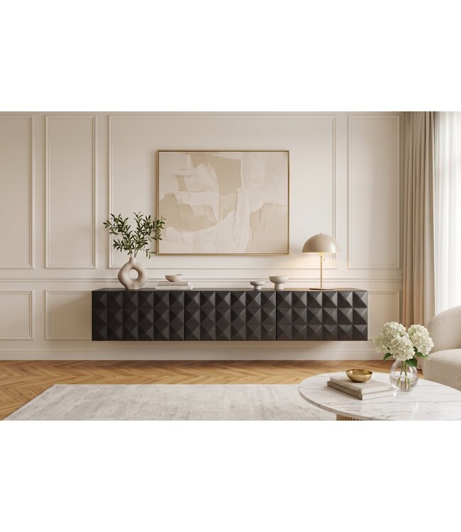 Invicta Interior TV-Board VULCANO 160cm 3D hangend met kabelgat mangohout zwart