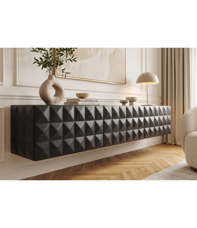 Invicta Interior TV-Board VULCANO 160cm 3D hangend met kabelgat mangohout zwart