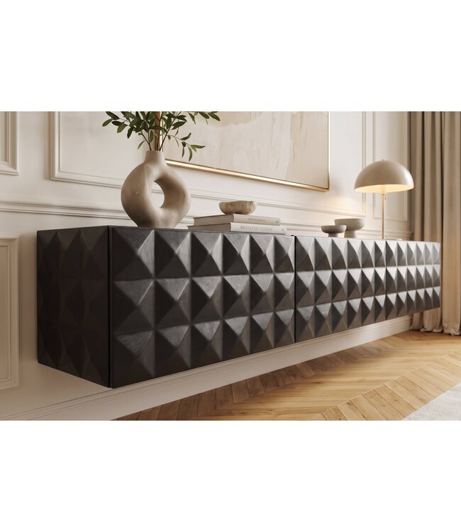 Invicta Interior TV-Board VULCANO 160cm 3D hangend met kabelgat mangohout zwart