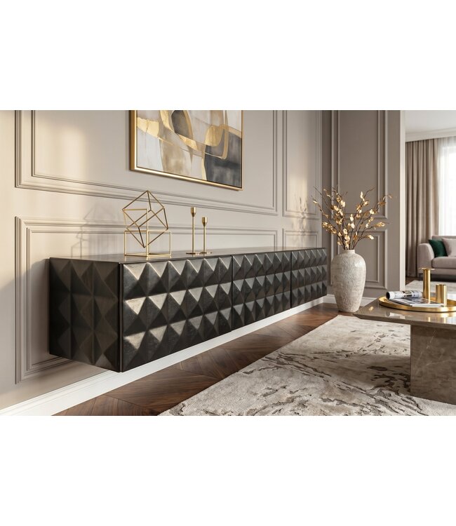 Invicta Interior TV-Board VULCANO 160cm 3D hangend met kabelgat mangohout zwart