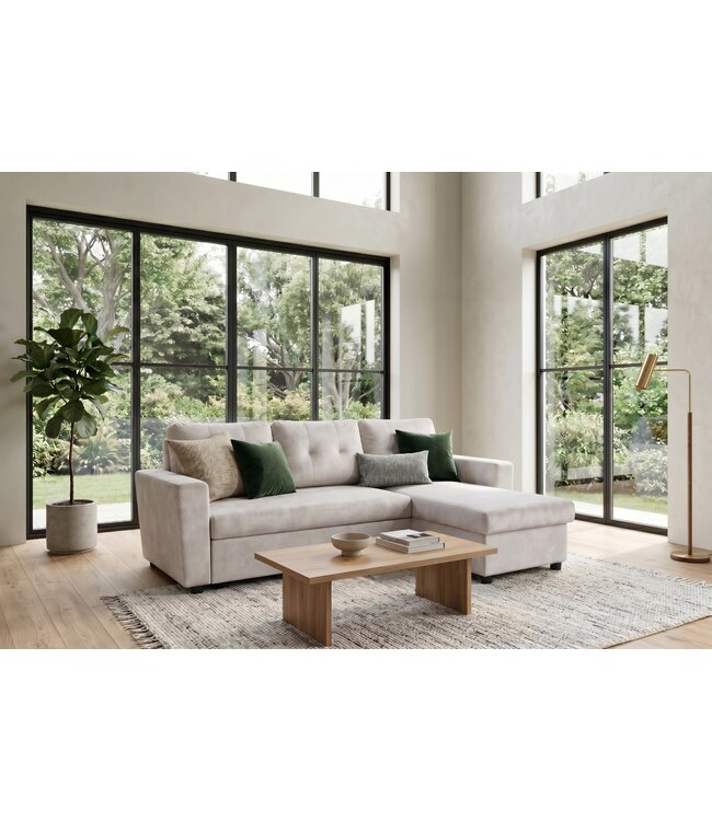 Invicta Interior Hoekslaapbank APARTMENT 205cm 3-zits met ottomaan en opbergruimte fluweel champagne beige