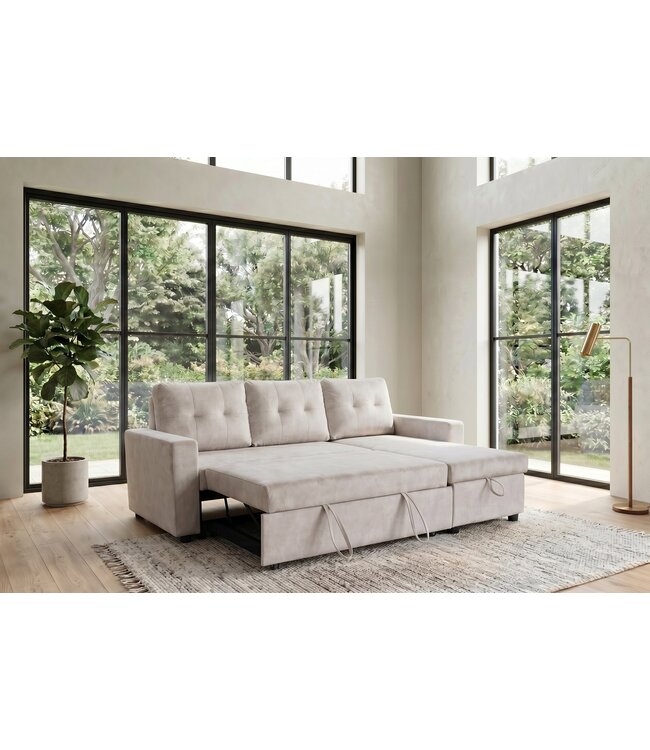 Invicta Interior Hoekslaapbank APARTMENT 205cm 3-zits met ottomaan en opbergruimte fluweel champagne beige