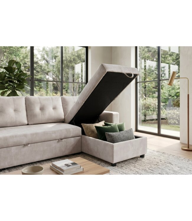 Invicta Interior Hoekslaapbank APARTMENT 205cm 3-zits met ottomaan en opbergruimte fluweel champagne beige
