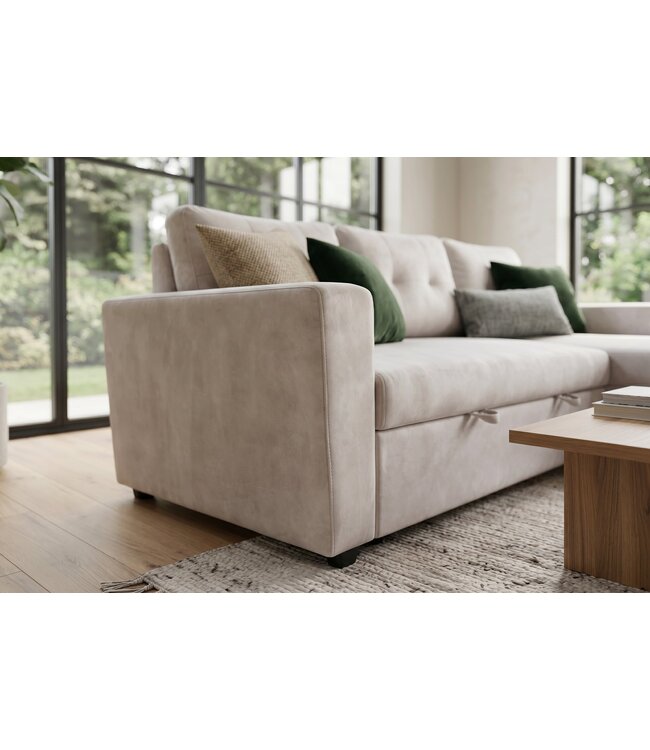 Invicta Interior Hoekslaapbank APARTMENT 205cm 3-zits met ottomaan en opbergruimte fluweel champagne beige