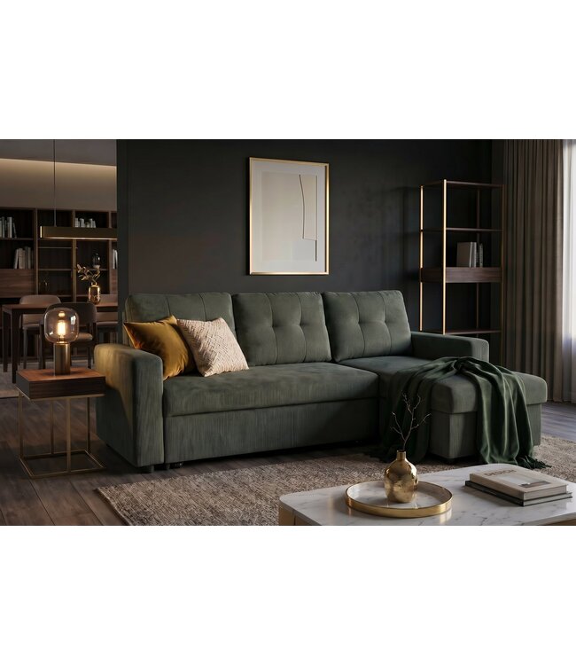 Invicta Interior Hoeksofa bed APARTMENT 205cm 3-zits met poef en opbergruimte fluweel groen