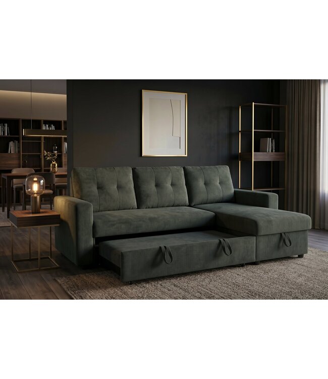 Invicta Interior Hoeksofa bed APARTMENT 205cm 3-zits met poef en opbergruimte fluweel groen