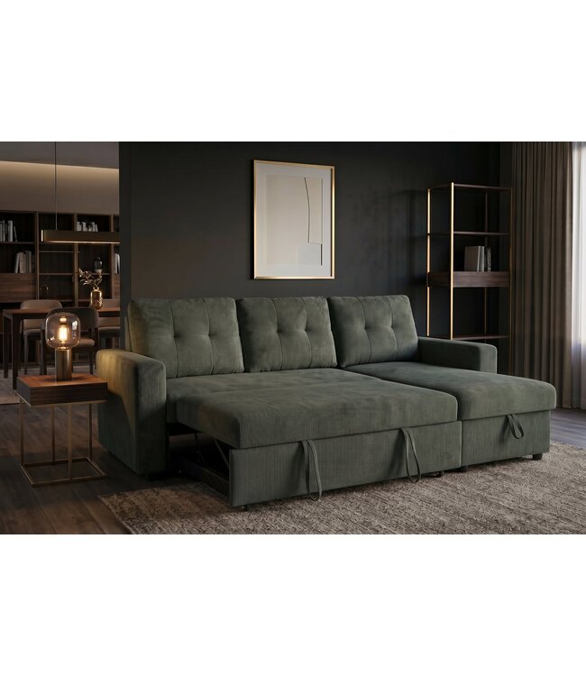 Invicta Interior Hoeksofa bed APARTMENT 205cm 3-zits met poef en opbergruimte fluweel groen