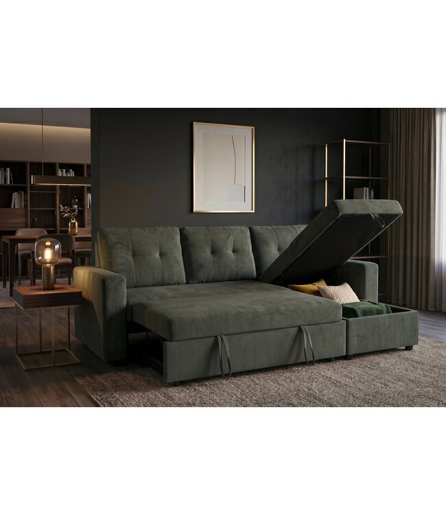 Invicta Interior Hoeksofa bed APARTMENT 205cm 3-zits met poef en opbergruimte fluweel groen