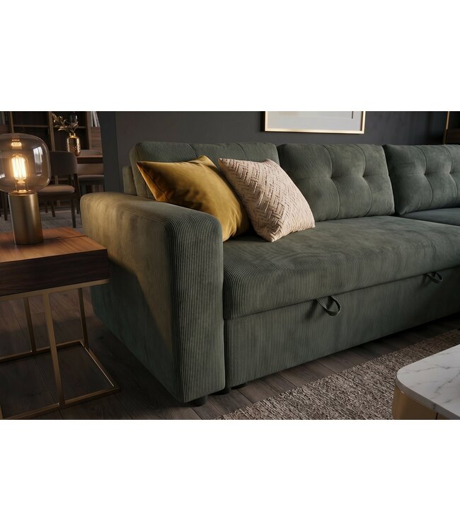 Invicta Interior Hoeksofa bed APARTMENT 205cm 3-zits met poef en opbergruimte fluweel groen