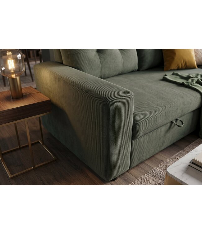 Invicta Interior Hoeksofa bed APARTMENT 205cm 3-zits met poef en opbergruimte fluweel groen