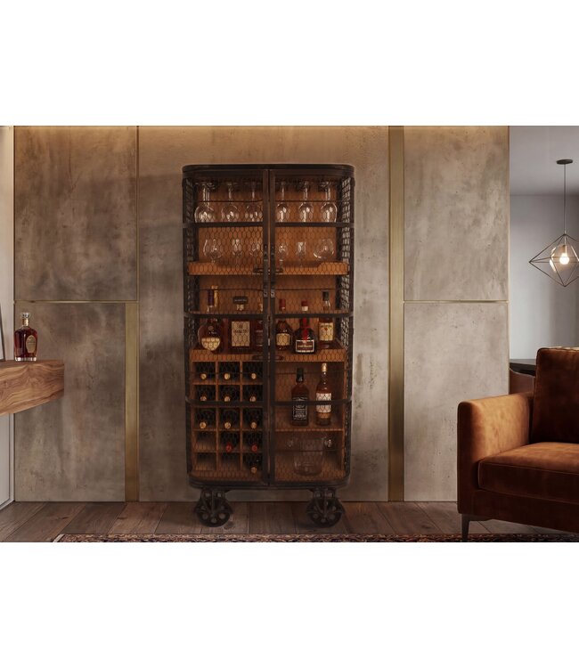 Invicta Interior Vitrinekast LOFT 145cm op wielen grenenwood metaal naturel