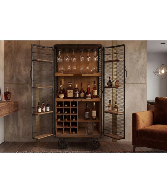 Invicta Interior Vitrinekast LOFT 145cm op wielen grenenwood metaal naturel