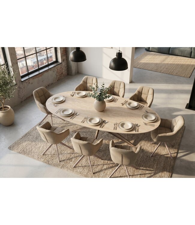 Invicta Interior Eettafel TRAVERTIN 220cm ovaal keramiek champagne greige