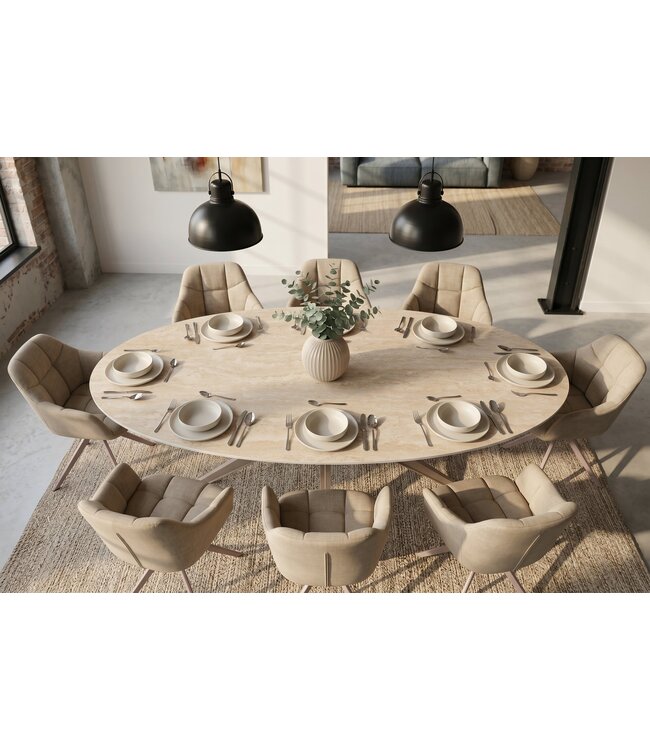 Invicta Interior Eettafel TRAVERTIN 220cm ovaal keramiek champagne greige