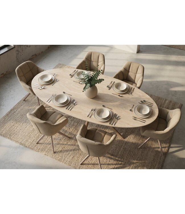 Invicta Interior Eettafel TRAVERTIN 220cm ovaal keramiek champagne greige